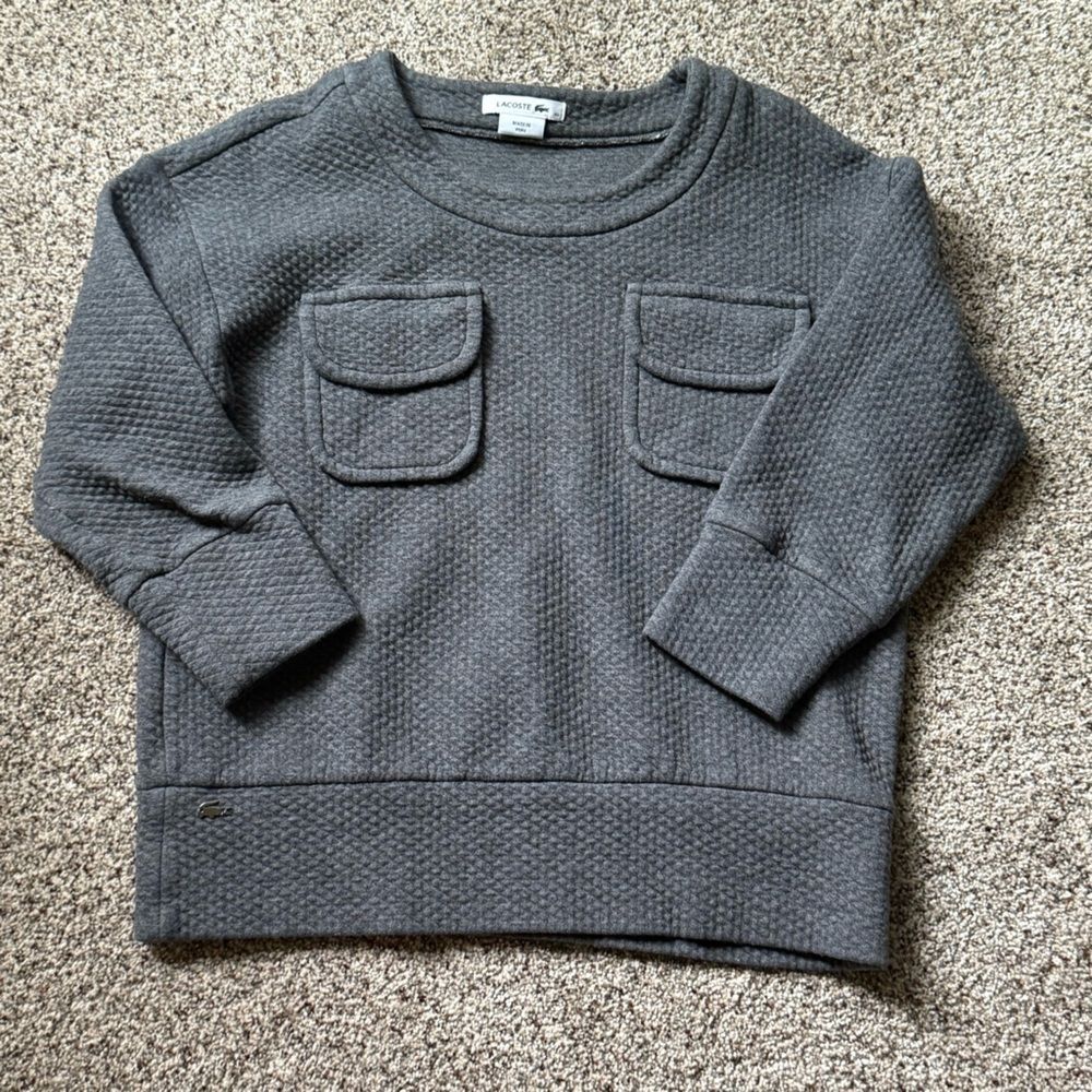 LACOSTE sweater size 40 gray waffle with two front pockets crew neck